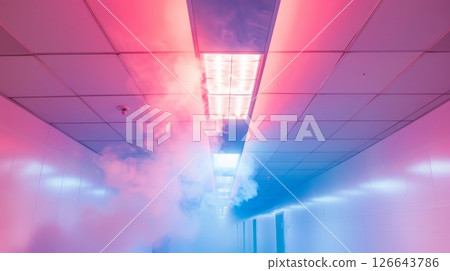 Neon Smoke Filling Corridor, Evacuation, Safety Systems Test, Fire, Emergency Services Response 126643786