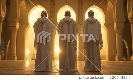 Three Muslim Men United in Prayer at the Mosque During Ramadan. Spiritual Devotion Shown By Men 126643834