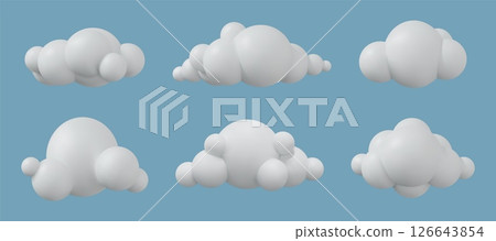Cloud icon. 3d soft sky, cotton fluffy render of cute balloon, blue smoke weather. White cloudy air shapes. Different cloudscape. Design graphic isolated render elements, vector illustration 126643854