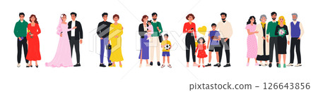 Happy family. Parent couple, pregnant mother and children life, smiling person, standing together characters, old woman and man, kid and mom group. Vector cartoon flat generation set 126643856
