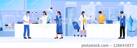 Laboratory research. Scientific computer equipment. Biology or health study. Scientists work with chemical test tubes. Nurse conducting experiment with microscope. Vector lab scene Laboratory research. Scientific computer equipment. Biology or health study. Scientists work with chemical test tubes. Nurse conducting experiment with microscope. Vector lab scene 126643857