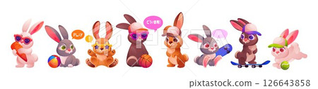 Baby bunny. Sport rabbit print with skateboard. Cute boy in sunglasses pattern. Cartoon hare with game ball. Basketball play. Fluffy mammal skater. Vector isolated animal characters set Baby bunny. Sport rabbit print with skateboard. Cute boy in sunglasses pattern. Cartoon hare with game ball. Basketball play. Fluffy mammal skater. Vector isolated animal characters set 126643858
