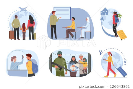 Migration characters. Immigrant family at country barrier. People international immigration. Migrants diverse. School emigration. Flight border passport policy. Vector concepts set Migration characters. Immigrant family at country barrier. People international immigration. Migrants diverse. School emigration. Flight border passport policy. Vector concepts set 126643861