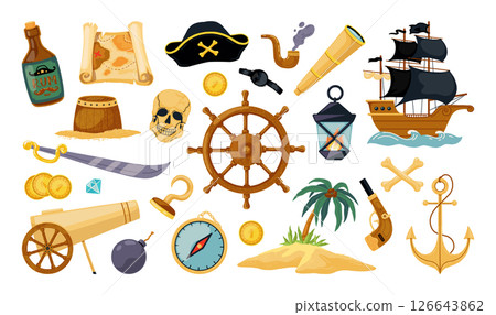 Pirate treasure. Children sailing ship. Captain hat. Wooden boat steering wheel. Scull with crossbones. Filibuster party. Island map. Chest box for golden coins. Vector corsair icons set 126643862