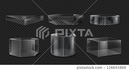 Glass podium. Transparent 3D box and cube stand. Cylinder platform. Product display mockup. Clear plastic shape. Translucent block. Glossy abstract figure. Vector geometric forms set 126643869