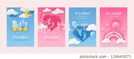 Kid background. Baby shower. Girl and boy birthday card. Toddler holiday. 3D sky balloon and train. Newborn child. Birth celebration. Cute pink and blue flyer. Vector design posters set 126643875