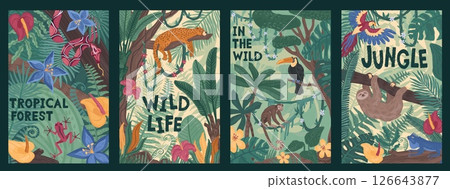 Abstract jungles. Tropic animal forest, abstract nature art posters with safari bird and doodle plant. Exotic palm and liana. Snake and cartoon jaguar. Print or pattern. Vector background 126643877