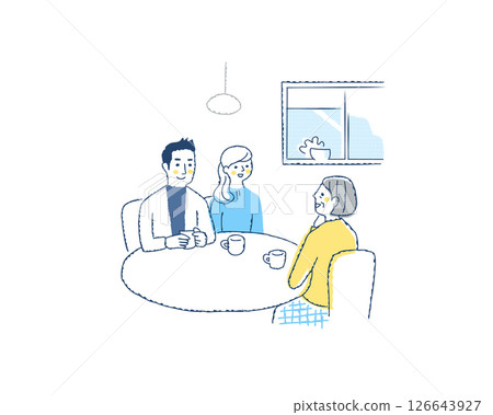 Three people talking around a table 126643927
