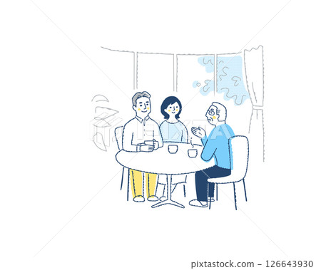 Three people talking around a table Three people talking around a table 126643930