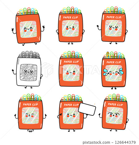 Colorful Paper Clip boxes displaying kawaii facial expressions, ranging from cheerful to melancholic, ideal for stationery design and organizational themes Colorful Paper Clip boxes displaying kawaii facial expressions, ranging from cheerful to melancholic, ideal for stationery design and organizational themes 126644379