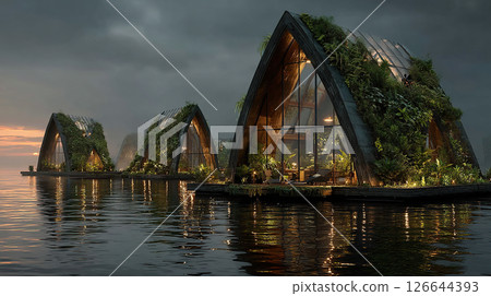 Floating eco homes with green roofs and glass windows sit on a tranquil lake at dusk. 126644393