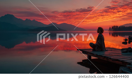Silhouette of a person meditating on a dock at sunset by a serene lake and mountains. 126644400