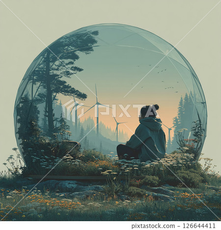 A serene scene: A person inside a bubble contemplates the peaceful nature and wind turbines. 126644411