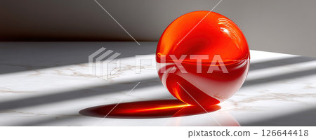 A striking red glass sphere rests on a marble surface, illuminated by natural light. 126644418