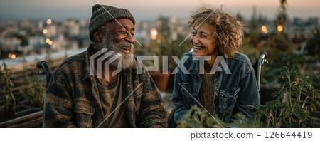 A smiling elderly couple enjoying each other's company while gardening together on a rooftop. 126644419