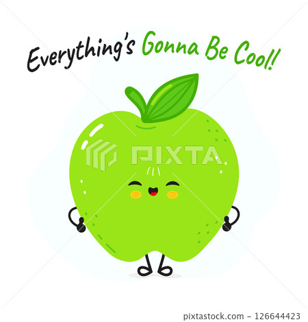 A delightful cartoon Green Apple character with a cheerful face and a motivational message of positivity. A delightful cartoon Green Apple character with a cheerful face and a motivational message of positivity. 126644423