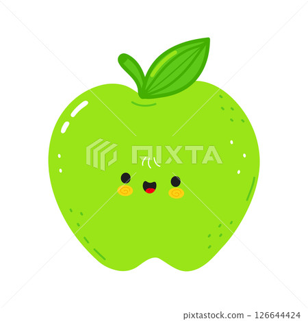 Delightful cartoon illustration of a happy, smiling green apple fruit with a cheerful expression. Delightful cartoon illustration of a happy, smiling green apple fruit with a cheerful expression. 126644424