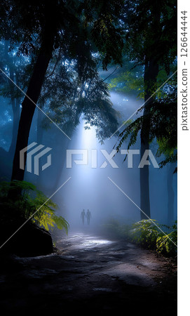Two figures walk hand-in-hand along a forest path illuminated by a beam of light. 126644444