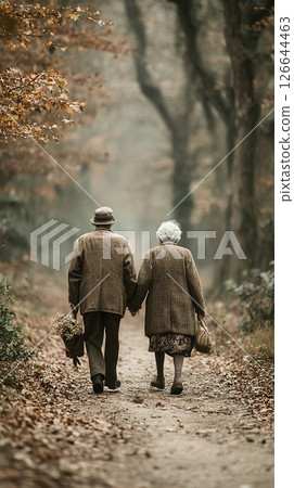 An elderly couple takes a romantic walk through a forest, holding hands in the autumn. 126644463
