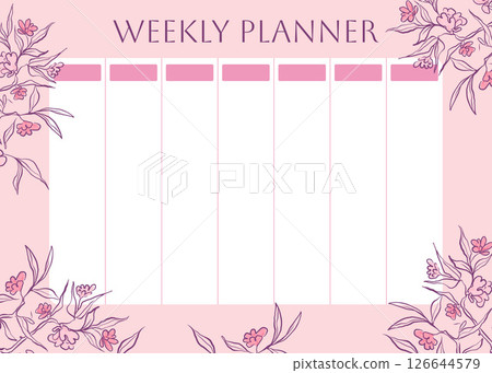 Weekly planner with beautiful cherry blossom. Garden Japanese Sakura, spring flowers background for notes. Cute school planner is for 7 days. Kids schedule design template. Vector doodle illustration Weekly planner with beautiful cherry blossom. Garden Japanese Sakura, spring flowers background for notes. Cute school planner is for 7 days. Kids schedule design template. Vector doodle illustration 126644579