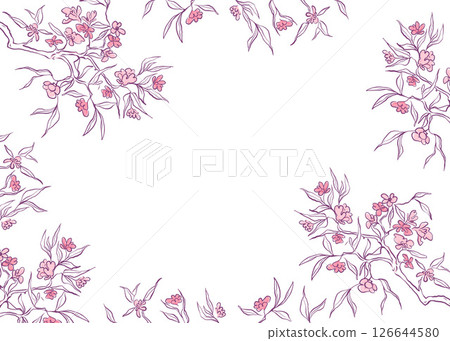Hand drawn Cherry blossom frame. Beautiful Japanese Sakura in doodle style. Spring flower background. Vector outline illustration. 126644580