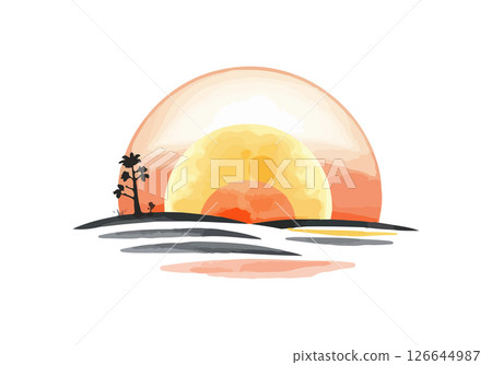 Cute sunrise watercolour vector illustration. 126644987