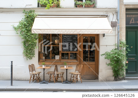 Charming Parisian Cafe with White Walls and Outdoor Seating - Charming French Streetside Bistro with Wicker Chairs and Tables - Parisian Cafe Exterior with Vintage Awning Charming Parisian Cafe with White Walls and Outdoor Seating - Charming French Streetside Bistro with Wicker Chairs and Tables - Parisian Cafe Exterior with Vintage Awning 126645126