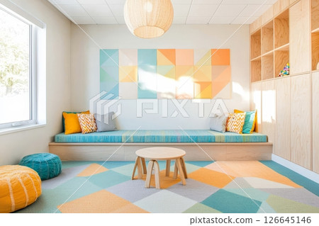 Colorful and modern playroom interior design. 126645146