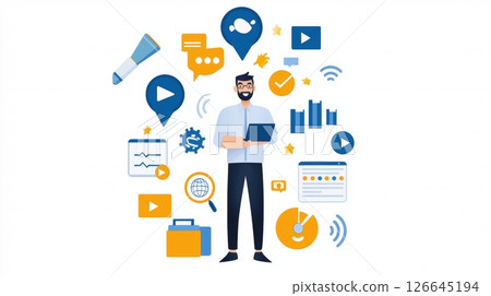 Digital marketing strategist man with laptop and data icons 126645194