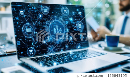 Digital teamwork collaborative business strategy on laptop screen. 126645195