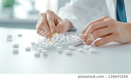 Doctors hands sorting medication pills close up 126645204