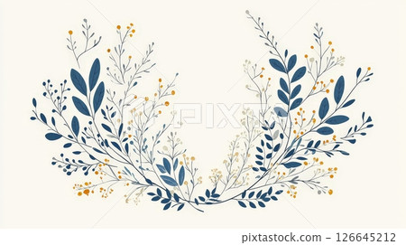 Elegant Blue and Yellow Floral Wreath Illustration for Wedding Invitations and Greeting Cards 126645212