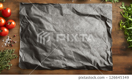 Blank black crumpled baking paper, ai generated 126645349