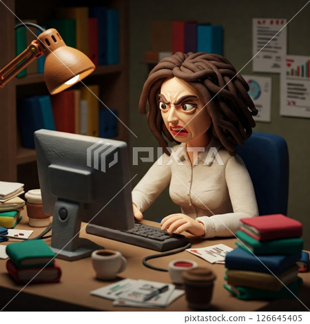 Frustrated Clay Figure Woman Working Overtime at Desk 126645405