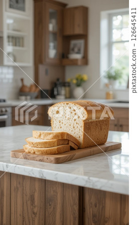 Fresh Sliced White Bread Loaf on a Kitchen Counter 126645411