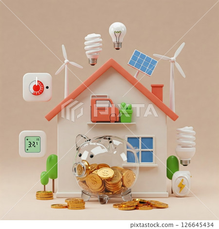 Eco-Friendly Home Savings with Renewable Energy and Piggy Bank 126645434