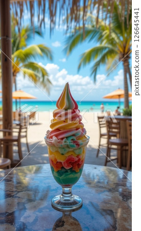 Rainbow Tropical Dessert with Beach Background and Palm Trees 126645441