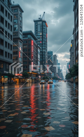 Rainy City Street Urban Reflection Evening Lights 126645504