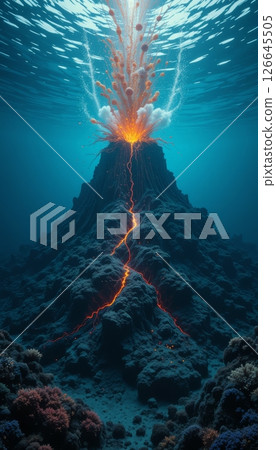 Erupting Underwater Volcano Spewing Magma and Ash in Deep Ocean 126645505
