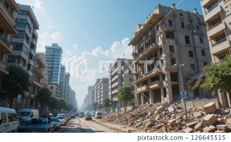 Damaged Buildings and Debris Line a Street in a Middle Eastern City 126645515