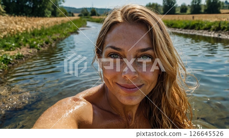 Woman with Freckles Enjoying a Refreshing Swim in a Stream Woman with Freckles Enjoying a Refreshing Swim in a Stream 126645526