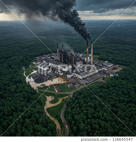 Industrial Power Plant Emits Smoke into Forested Landscape, Environmental Impact 126645547