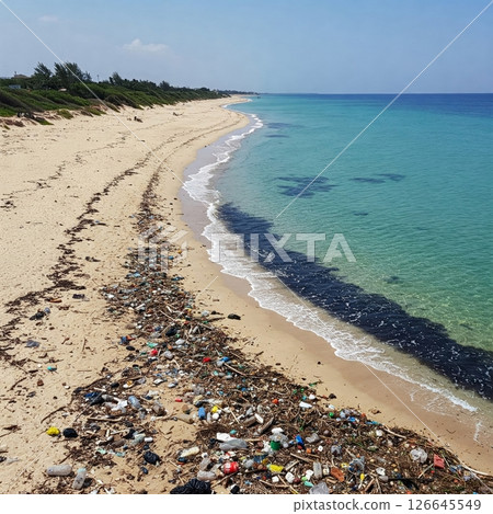 Polluted Beach with Washed-Up Debris and Clear Blue Sea Polluted Beach with Washed-Up Debris and Clear Blue Sea 126645549
