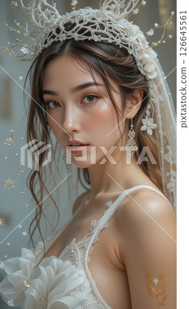 Stunning Young Woman in Intricate Bridal Gown and Veil 126645561