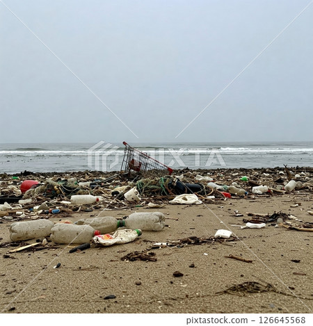 Polluted beach with shopping cart: A symbol of environmental neglect. 126645568