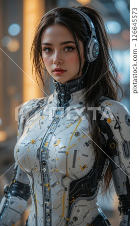 Futuristic woman with headphones Sci-fi cybernetic portrait. 126645573
