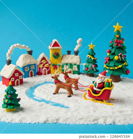 Clay Christmas village scene with Santa, reindeer, and snowy landscape. Clay Christmas village scene with Santa, reindeer, and snowy landscape. 126645584