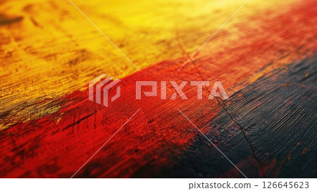Abstract Belgian flag colors background with red, yellow and black paint strokes texture. Horizontal banner with copy space 126645623