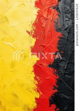 National Day of Belgium concept, dynamic red, yellow, black brushstroke background. Vertical banner with copy space, free space for text 126645626