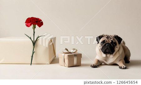 一隻悠閒的哈巴狗和一份花禮 126645654